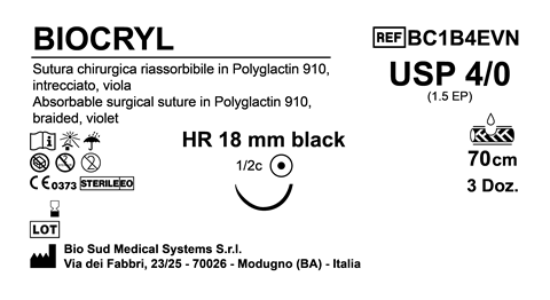 Sutura Biocryl HR18 USP 4-0  - EP 1.5 70 cm Violet Black Needle  Box 36 pcs