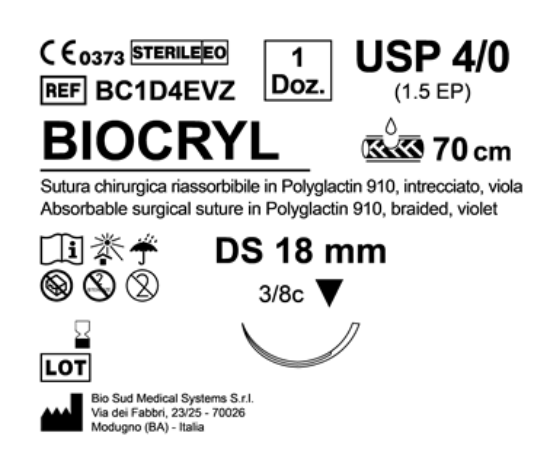 Sutura Biocryl DS 18 USP 4-0  - EP 1.5 70 cm Violet Box 12 pcs