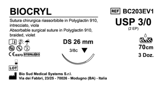 Sutura Biocryl DS26 USP 3-0 - EP 2 70 cm Violet Box 36 pcs