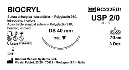 Sutura Biocryl DS 40 USP 2-0 - EP 3 70 cm Undyed Box 36 pcs