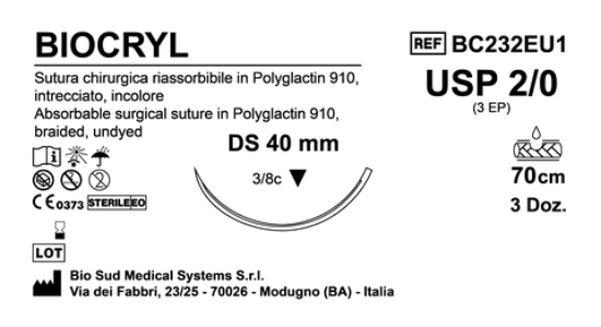 Sutura Biocryl DS 40 USP 2-0 - EP 3 70 cm Undyed Box 36 pcs