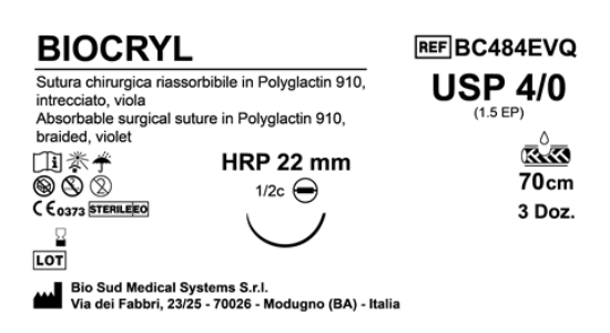 Sutura Biocryl HRP 22 USP 4-0  - EP 1.5 70 cm Violet Needle Plus Black  Box 36 pcs