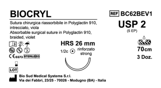 Sutura Biocryl HRS26 USP 2 - EP 5 70 cm Violet Box 36 pcs