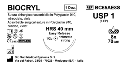 Sutura Biocryl HRS 40 USP 1 - EP 4 70 cm 8 Threads Violet Easy Release Box 12pcs