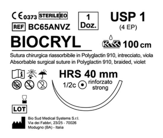 Sutura Biocryl HRS 40 USP 1 - EP 4 100 cm Violet Box 12 pcs