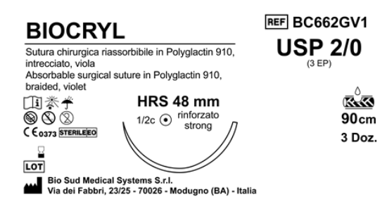 Sutura Biocryl HRS48 USP 2-0 - EP 3 90 cm Violet Box 36 pcs
