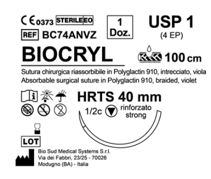 Sutura Biocryl HRTS 40 USP 1 - EP 4 100 cm Violet Box 12 pcs