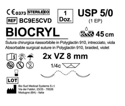 Sutura Biocryl VZ 8 USP 5-0 - EP 1 45 cm Violet Double Armed  N.12 Bs. per Box