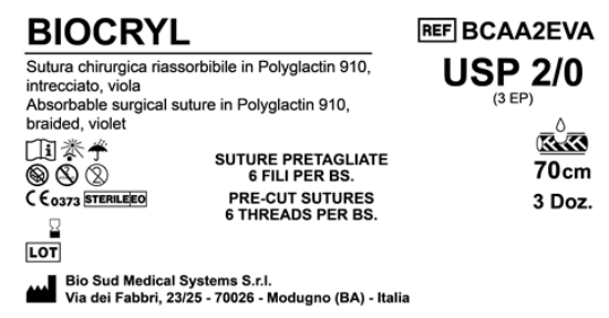 Sutura Biocryl Precutted USP 2-0 - EP 3 70 cm Violet Bs. 36 x 6 Threads