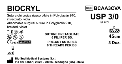 Sutura Biocryl Precutted USP 3-0 - EP 2 45 cm Violet Bs. 36 x 6 Threads