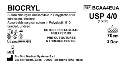 Sutura Biocryl Precutted USP 4-0  - EP 1.5 70 cm Undyed Bs. 36 x 6 Threads