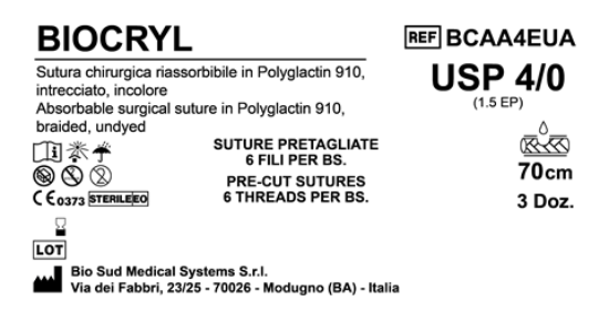 Sutura Biocryl Precutted USP 4-0  - EP 1.5 70 cm Undyed Bs. 36 x 6 Threads