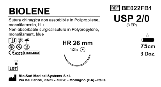 Sutura Biolene HR26 USP 2-0 - EP 3 75 cm Blue Box 36 pcs