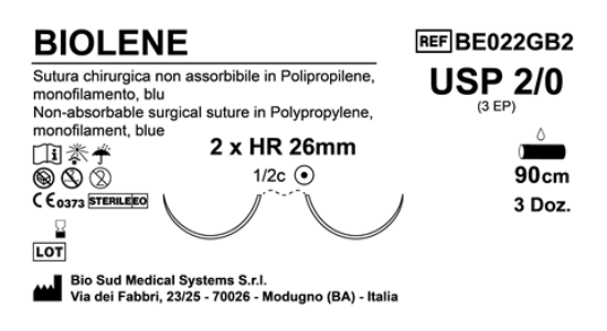 Sutura Biolene HR26 USP 2-0 - EP 3 90 cm Blue Double Armed  Box 36 pcs