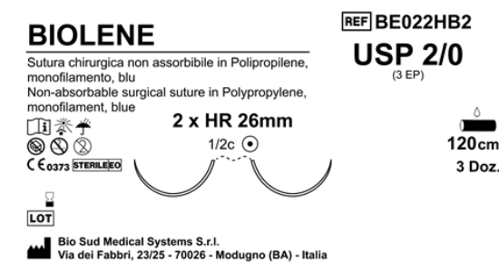 Sutura Biolene HR26 USP 2-0 - EP 3 120 cm Blue Double Armed  Box 36 pcs