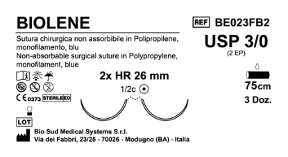 Sutura Biolene HR26 USP 3-0 - EP 2 75 cm Blue Double Armed Box 36 pcs