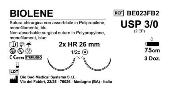 Sutura Biolene HR26 USP 3-0 - EP 2 75 cm Blue Double Armed Box 36 pcs