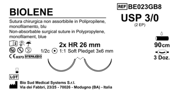Sutura Biolene HR26 USP 3-0 - EP 2 90 cm Blue Doub.Arm. Pled. Soft 3x6 Box 36