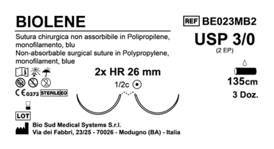 Sutura Biolene HR26 USP 3-0 - EP 2 135 cm Blue Double Armed  Box 36 pcs