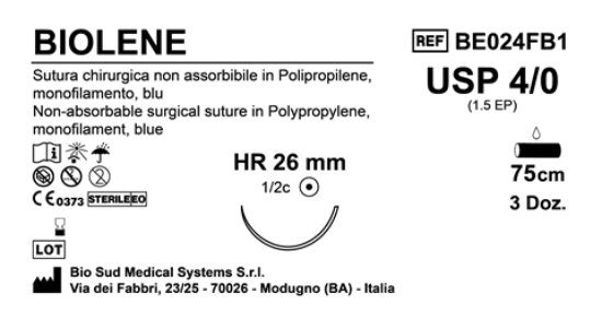 Sutura Biolene HR26 USP 4-0  - EP 1.5 75 cm Blue Box 36 pcs
