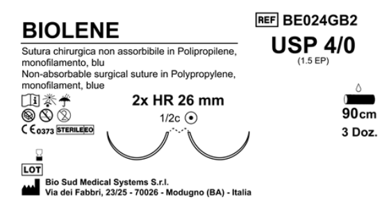 Sutura Biolene HR26 USP 4-0  - EP 1.5 90 cm Blue Double Armed  Box 36 pcs