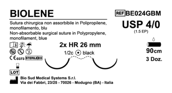 Sutura Biolene HR26 USP 4-0  - EP 1.5 90 cm Blue Doub.Arm. Black Needle Box 36 pcs