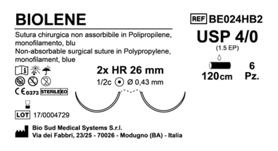 Sutura Biolene HR26 USP 4-0  - EP 1.5 120 cm Blue Double Armed  Box 36 pcs