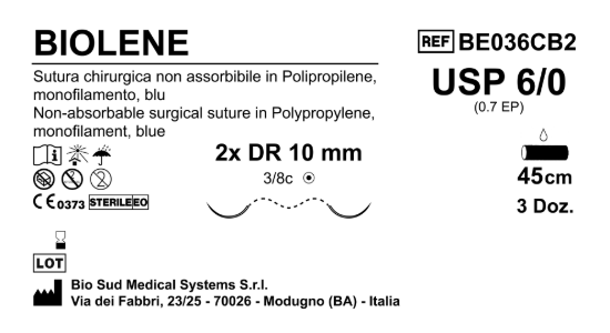 Sutura Biolene DR10 USP 6-0 - EP 0.7 45 cm Blue Double Armed  Box 36 pcs