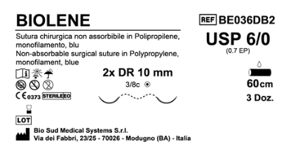 Sutura Biolene DR10 USP 6-0 - EP 0.7 60 cm Blue Double Armed  Box 36 pcs