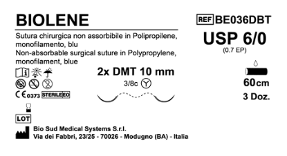 Sutura Biolene DMT10 USP 6-0 - EP 0.7 60 cm Blue Double Needle MicroTapercut Box 36 pcs