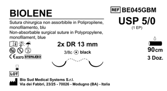 Sutura Biolene DR13 USP 5-0 - EP 1 90 cm Blue Doub.Arm. Black Needle Box 36 pcs