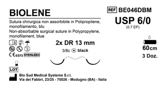Sutura Biolene DR13 USP 6-0 - EP 0.7 60 cm Blue Doub.Arm. Black Needle Box 36 pcs