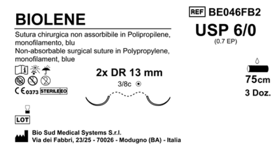 Sutura Biolene DR13 USP 6-0 - EP 0.7 75 cm Blue Double Armed  Box 36 pcs