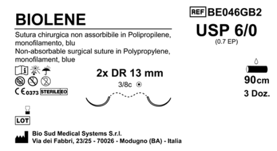 Sutura Biolene DR13 USP 6-0 - EP 0.7 90 cm Blue Double Armed  Box 36 pcs