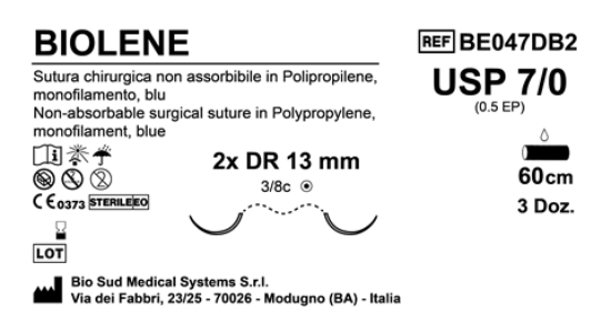 Sutura Biolene DR13 USP 7-0 - EP 0.5 60 cm Blue Double Armed  Box 36 pcs