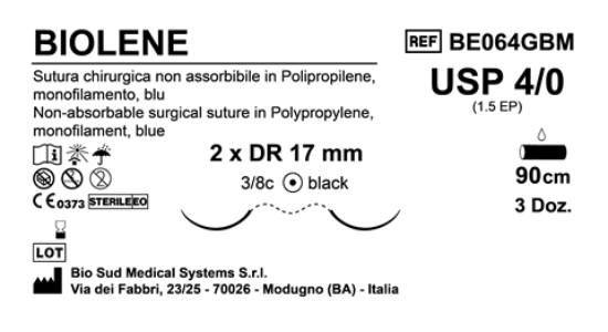 Sutura Biolene DR17 USP 4-0  - EP 1.5 90 cm Blue Doub.Arm. Black Needle Box 36 pcs