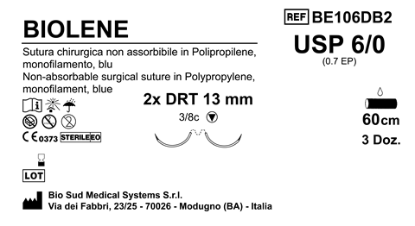 Sutura Biolene DRT13 USP 6-0 - EP 0.7 60 cm Blue Double Armed  Box 36 pcs