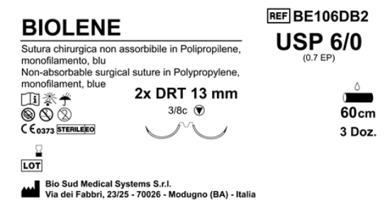 Sutura Biolene DRT13 USP 6-0 - EP 0.7 60 cm Blue Double Armed  Box 36 pcs