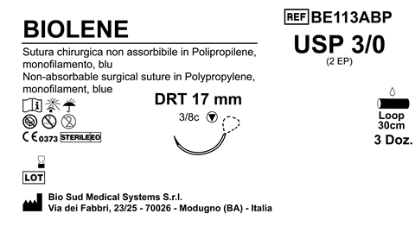 Sutura Biolene DRT 17 USP 3-0 - EP 2 30 cm Blue Loop; Box 36 pcs