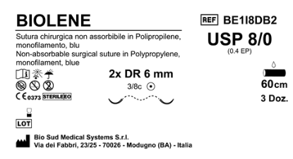 Sutura Biolene DR6 USP 8-0 - EP 0.4 60 cm Blue Double Armed  Box 36 pcs