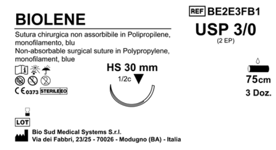 Sutura Biolene HS30 USP 3-0 - EP 2 75 cm Blue Box 36 pcs