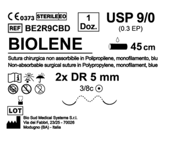 Sutura Biolene DR 5 USP 9-0 - EP 0.3 45 cm Blue Double Armed  N.12 Bs. per Box
