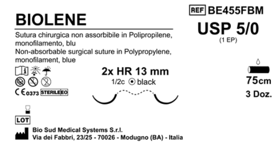 Sutura Biolene HR13 USP 5-0 - EP 1 75 cm Blue Doub.Arm. Black Needle Box 36 pcs