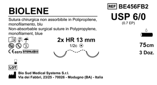 Sutura Biolene HR13 USP 6-0 - EP 0.7 75 cm Blue Double Armed  Box 36 pcs