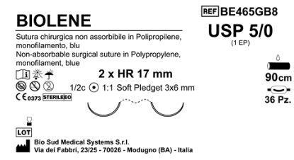 Sutura Biolene HR17 USP 5-0 - EP 1 90 cm Blue Doub.Arm. Pled. Soft 3x6 Box 36