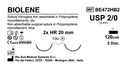 Sutura Biolene HR20 USP 2-0 - EP 3 120 cm Blue Double Armed  Box 36 pcs