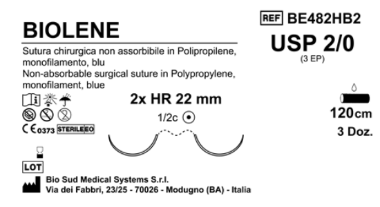 Sutura Biolene HR22 USP 2-0 - EP 3 120 cm Blue Double Armed  Box 36 pcs