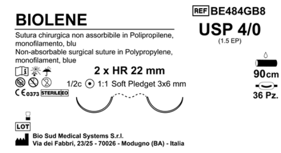 Sutura Biolene HR 22 USP 4-0  - EP 1.5 90 cm Blue Doub.Arm. Pled. Soft 3x6 Box 36