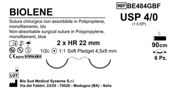 Sutura Biolene HR 22 USP 4-0  - EP 1.5 90 cm Blue Doub.Arm. Pled. Soft 4.5X9 Box 6Blister