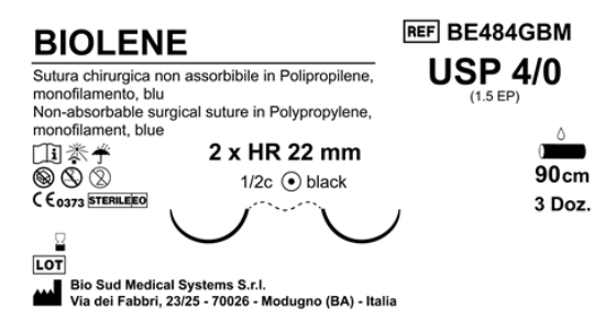 Sutura Biolene HR22 USP 4-0  - EP 1.5 90 cm Blue Doub.Arm. Black Needle Box 36 pcs